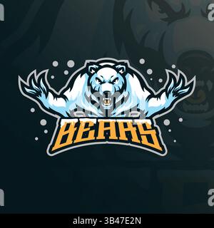 Logo della mascotte con logo vettoriale e moderno stile grafico per la stampa di badge, emblemi e t shirt. Illustrazione dell'orso di ghiaccio per la squadra sportiva. Illustrazione Vettoriale