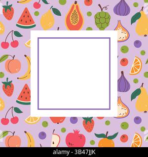 Design del festival della raccolta della frutta. Cornice quadrata con sfondo a motivo di frutta in stile doodle. Striscione a bordo quadrato Fruits disegnato a mano. Modello di spazio di copia quadrato. Illustrazione vettoriale isolata su bianco. Illustrazione Vettoriale