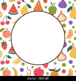 Cornice rotonda di frutta esotica in stile doodle. Spazio di copia circolare con sfondo a motivi di frutta. Bordo circolare della frutta disegnata a mano. Modello di spazio di copia circolare. Illustrazione vettoriale isolata su bianco. Illustrazione Vettoriale