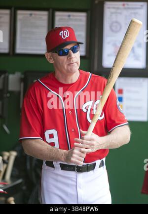 18 maggio 2014 - Washington, District of Columbia, Stati Uniti - il manager dei Washington Nationals Matt Williams (9) tiene una mazza nel dugout prima della partita contro i New York Mets al Nationals Park di Washington, DC domenica 18 maggio 2014. (Immagine di credito: ©Ron Sachs/CNP tramite filo ZUMA) Foto Stock
