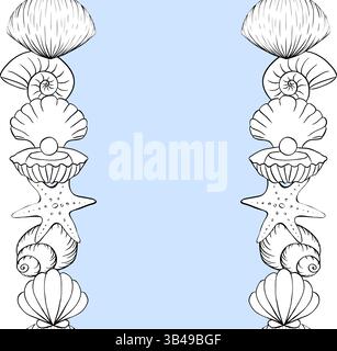 Conchiglie e stelle marine inquadrano il modello di bordo verticale senza cuciture per il testo. Illustrazione dell'inchiostro con linee grafiche vettoriali. Vita marina per poster, volantini, banner, Illustrazione Vettoriale