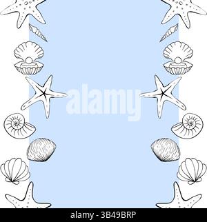 Modello bordo verticale senza giunzioni per cornice conchiglia per il testo. Illustrazione dell'inchiostro con linee grafiche vettoriali. Telaio rotondo disegno a mano libera, stile schizzo per logo, Illustrazione Vettoriale