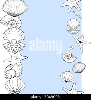 Conchiglie e stelle marine inquadrano il modello di bordo verticale senza cuciture per il testo. Illustrazione dell'inchiostro con linee grafiche vettoriali. Vita marina per poster, volantini, banner, Illustrazione Vettoriale