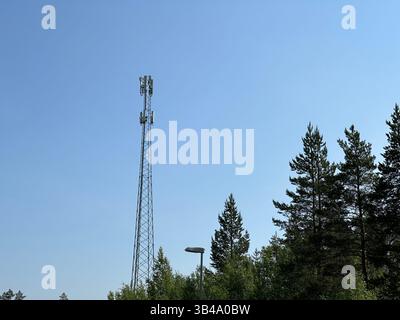 Una torreggiante torre delle telecomunicazioni sorge in mezzo a una foresta vibrante sotto un cielo blu limpido, perfetta per la connettività. Foto Stock