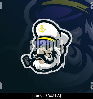 Design vettoriale con logo Captain mascotte e moderno stile di illustrazione per la stampa di badge, emblemi e t shirt. Illustrazione della testa del capitano. Illustrazione Vettoriale