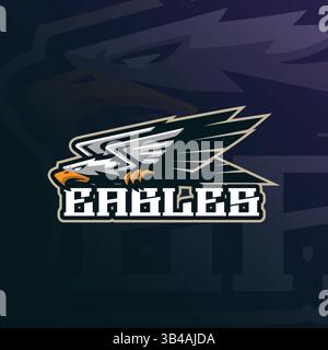 Design vettoriale con logo della mascotte Eagle con design moderno per la stampa di badge, emblemi e t shirt. Illustrazione dell'aquila per la squadra sportiva. Illustrazione Vettoriale