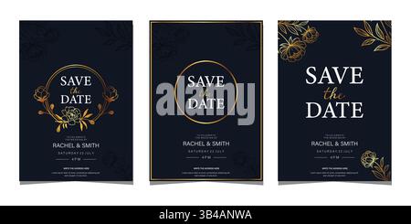 Set di quattro inviti di nozze, Save the date, illustrazioni vettoriali di biglietti d'invito per l'erbaccia floreale. Illustrazione Vettoriale