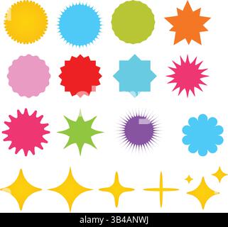 Set di stelle e scintille solari, icone vettoriali colorate di forme di base, illustrazione vettoriale. Illustrazione Vettoriale