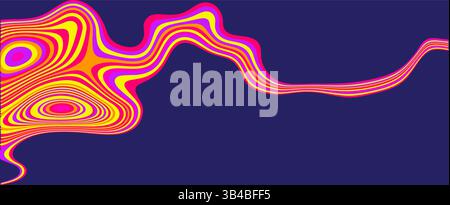 Illustrazione vettoriale astratta con linee vivaci e contorni colorati che creano effetti psichedelici su sfondo viola scuro Illustrazione Vettoriale