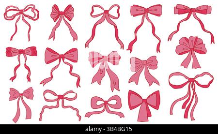Set di fiocchi a nastro rosa disegnati a mano. Collezione rétro di fiocchi femminili per le feste dei cartoni animati. Elementi di progettazione. Illustrazione Vettoriale