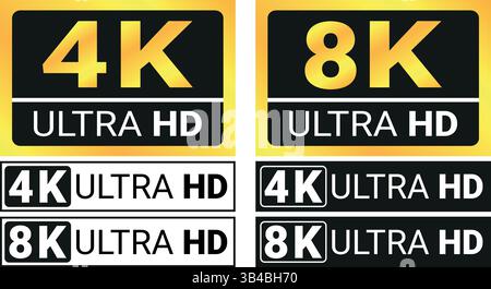 Raccolta di etichette con risoluzione Ultra HD 4K e 8K in diversi stili e colori, utilizzate per indicatori di qualità dello schermo digitale, televisione e video Illustrazione Vettoriale