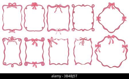 Montature vintage disegnate a mano in stile coquette con nastri e fiocchi. Stampe, biglietti d'auguri, feste di matrimonio e compleanno, inviti. Illustrazione Vettoriale