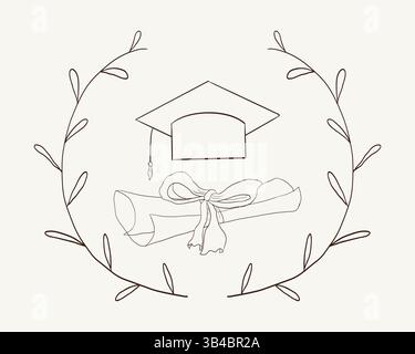 Linea doodle per cappello graduato. University Cap of graduate and certificate degree Drawn Outline. Copricapo graduato. Illustrazione vettoriale Illustrazione Vettoriale