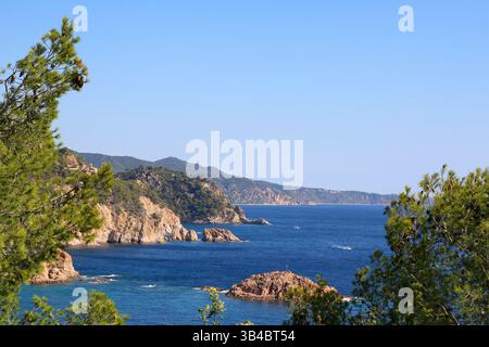 Vista panoramica della costa della Costa Brava in Catalogna, Spagna, con aspre scogliere, pini e acque blu profonde del Mediterraneo. Foto Stock