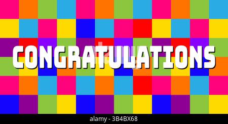 Congratulazioni testo tipografico per l'illustrazione vettoriale su sfondo cubico colorato Illustrazione Vettoriale