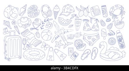Grande set di adesivi estivi in stile outline Illustrazione Vettoriale