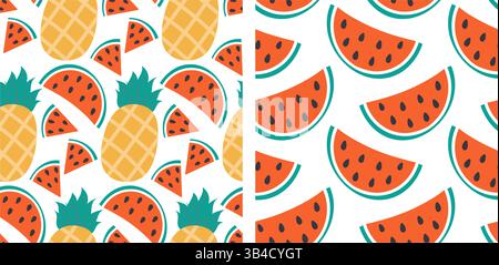 Fette di ananas e anguria con motivi triangolari e semiconduttori Set di sfondo per vacanze estive. Sfondo per illustrazioni vettoriali isolate tessere per vacanze tematiche o banner promozionale Web, opuscolo, prezzo Illustrazione Vettoriale