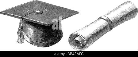 Cappello di laurea inciso e illustrazione del diploma per temi di istruzione e realizzazione. Illustrazione Vettoriale