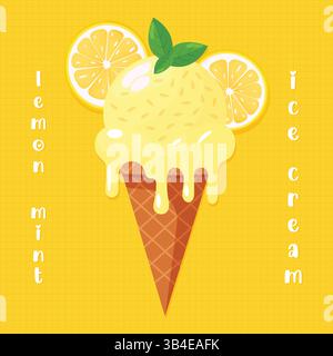 illustrazione vettoriale del cono di cialda con gelato alla menta al limone. Illustrazione Vettoriale