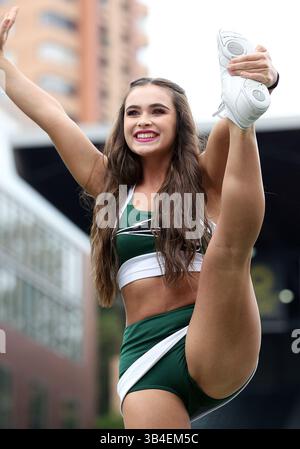 17 ottobre 2015: Una cheerleader dei Portland State Vikings intrattiene i tifosi durante la partita di football NCAA tra i Vikings e i Montana State Bobcats a Providence Park, Portland, OREGON. Larry C. Lawson/CSM(immagine di credito: © Larry C. Lawson/CSM tramite filo ZUMA) Foto Stock