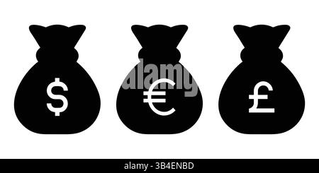 Sacchetti di denaro che rappresentano il vettore delle valute USD, EUR e GBP. Icona vettoriale della silhouette della borsa dei soldi Illustrazione Vettoriale