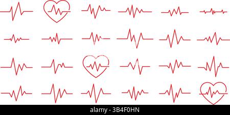 Raccolta di icone rosse di cardiogramma battito cardiaco icona della linea vettoriale su sfondo bianco. set di icone per elettrocardiogramma, battito cardiaco, frequenza cardiaca, ecg, ecg Illustrazione Vettoriale