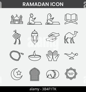 Set di icone minimaliste Ramadan: Simboli islamici, moschea, preghiera ed elementi spirituali in Black & White Line Art Illustrazione Vettoriale
