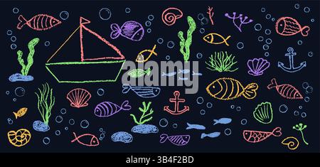 Set di pesci per bambini, alghe e bollicine. Colorata consistenza di cera pastello su sfondo nero di lavagna. Grazioso stile artistico a forma di squiggle, come il carbone o. Illustrazione Vettoriale