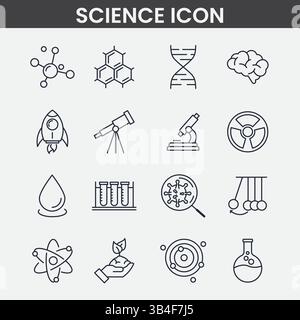 Icone della scienza minimalista Set disegni in bianco e nero di DNA, Atom, attrezzature da laboratorio e simboli educativi - grafica vettoriale Illustrazione Vettoriale