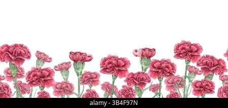 Realistico garofani rossi acquerello sfondo isolato senza cuciture. Simbolo della Rivoluzione dei garofani, della Festa della libertà del Portogallo o della Festa della madre Foto Stock