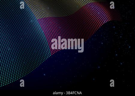 Bandiera digitale Benin fatta di punti, che ondeggia su uno sfondo scuro stellato Illustrazione Vettoriale