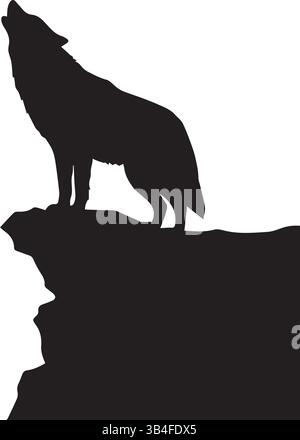 Una silhouette di un lupo che urla su una scogliera su uno sfondo bianco Illustrazione Vettoriale