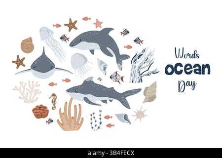 Cartolina di giornata World Oceans su sfondo bianco Illustrazione Vettoriale