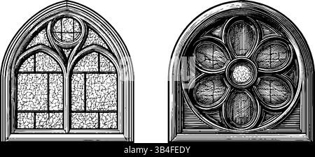 Intricato set di illustrazioni incise con lancetta e vetrate colorate per progetti di design storici. Illustrazione Vettoriale