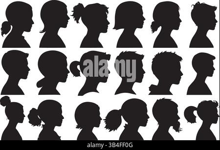 Ritratti di silhouette diversi: Profili minimalisti in bianco e nero per identità, avatar e disegni d'arte contemporanea Illustrazione Vettoriale