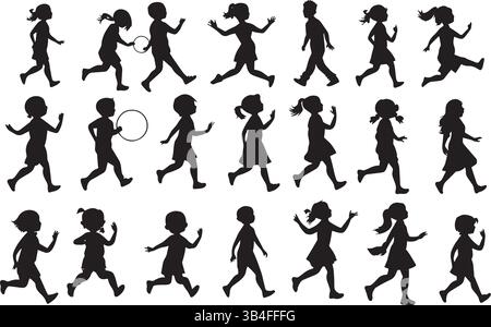 Silhouette per bambini in pose giocose: Illustrazione minimalista in bianco e nero per l'infanzia e i progetti di attività Illustrazione Vettoriale