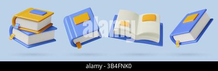 raccolta di libri 3d e icone di lettura libri di testo blu con segnalibri impilati aperti e chiusi Illustrazione Vettoriale