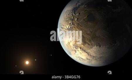 7 aprile 2014 - SPAZIO ESTERNO Kepler 186f -- 17 Apr 2014 -- il concetto dell'artista raffigura Kepler-186f, il primo pianeta di dimensioni terrestri convalidato ad orbitare una stella lontana nella zona abitabile - una distanza di distanza da una stella dove l'acqua liquida potrebbe accumularsi sulla superficie del pianeta. La scoperta di Kepler-186f conferma che pianeti di dimensioni terrestri esistono nelle zone abitabili di altre stelle e segnala un significativo passo avanti verso la ricerca di un mondo simile alla Terra. La dimensione di Kepler-186f è nota per essere meno del 10% più grande della Terra, ma la sua massa, composizione e densità non sono note. Resa precedente Foto Stock