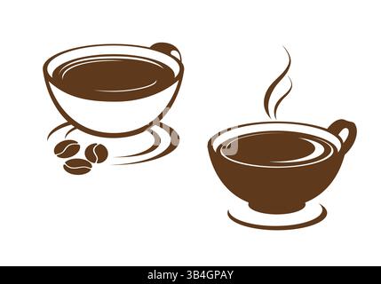 Rappresentazione stilizzata delle tazze di caffè accompagnate da chicchi profumati e vapore in aumento Illustrazione Vettoriale