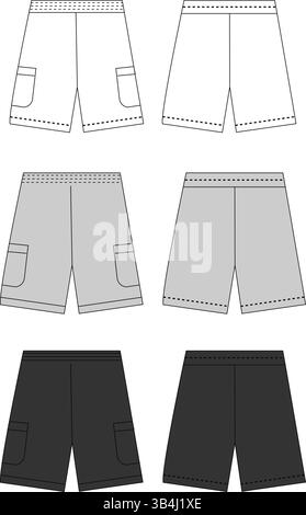 Modello di disegno tecnico di base per pantaloncini unisex piatti | Set di mockup moda CAD illustrazione vettoriale vista anteriore e posteriore per il Tech Pack di design dell'abbigliamento Illustrazione Vettoriale