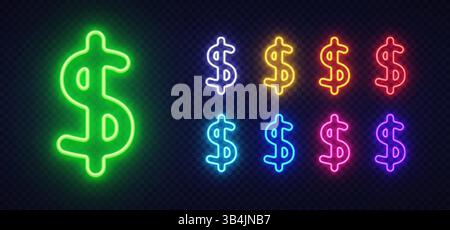 Simbolo del dollaro in stile neon con variazioni colorate in file di luci accese. Icona verde centrale circondata da rosso, blu, viola e. Illustrazione Vettoriale