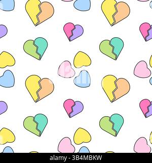 Motivo senza cuciture caratterizzato da vivaci cuori interi e spezzati in delicati colori pastello su sfondo bianco. Perfetto per disegni romantici, carta da imballaggio, Illustrazione Vettoriale