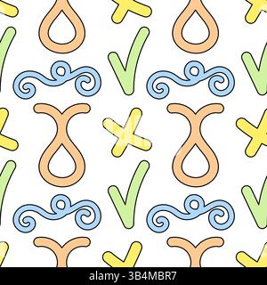 Ingenuo motivo a fumetti senza cuciture caratterizzato da doodle astratti dai colori pastello morbidi forme geometriche come segni di spunta, croci e rombi su uno sfondo bianco Illustrazione Vettoriale
