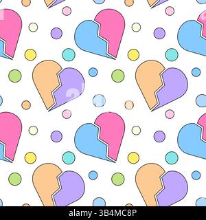 Allegro motivo senza cuciture con cuori spezzati e punti coriandoli in delicato pastello di diverse tonalità su sfondo bianco. Perfetto per un soggiorno romantico Illustrazione Vettoriale