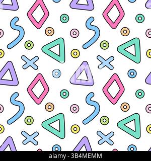 Vivace motivo senza cuciture caratterizzato da ingenui cartoni animati forme geometriche astratte colorate come triangoli, anelli, rombo e linee ondulate su uno sfondo bianco Illustrazione Vettoriale