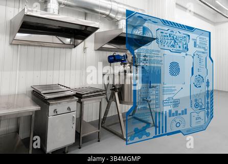 Camera industriale pulita o laboratorio con apparecchiature in acciaio inox sovrapposte a un'interfaccia HUD digitale blu futuristica che mostra l'analisi dei dati Foto Stock