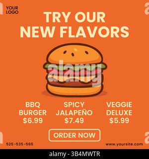 Burger Restaurant Social Media Post Template Burger, fast food, hamburger, ristorante, cibo pasto, spuntino, piccante Illustrazione Vettoriale