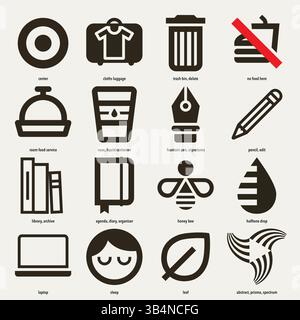 Set vettore varie icone 01 - icone semplici, minimalistiche e monocromatiche, ispirate principalmente a Journey. Campioni a colori solidi facili da cambiare. Illustrazione Vettoriale