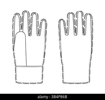 Guanti soffici accessori moda indumenti illustrativi tecnici. Vista posteriore del palmo frontale vettoriale per uomo, donna, modello piatto in stile unisex contorno schizzo di mockup CAD su sfondo bianco Illustrazione Vettoriale