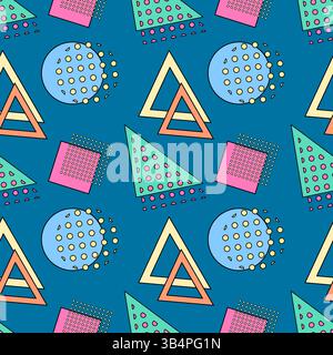 Motivo Memphis vintage astratto senza cuciture con triangolo, cerchio, quadrato e punti su sfondo blu. Cartoni animati e stili ingenui. Ideale per un look retrò Illustrazione Vettoriale